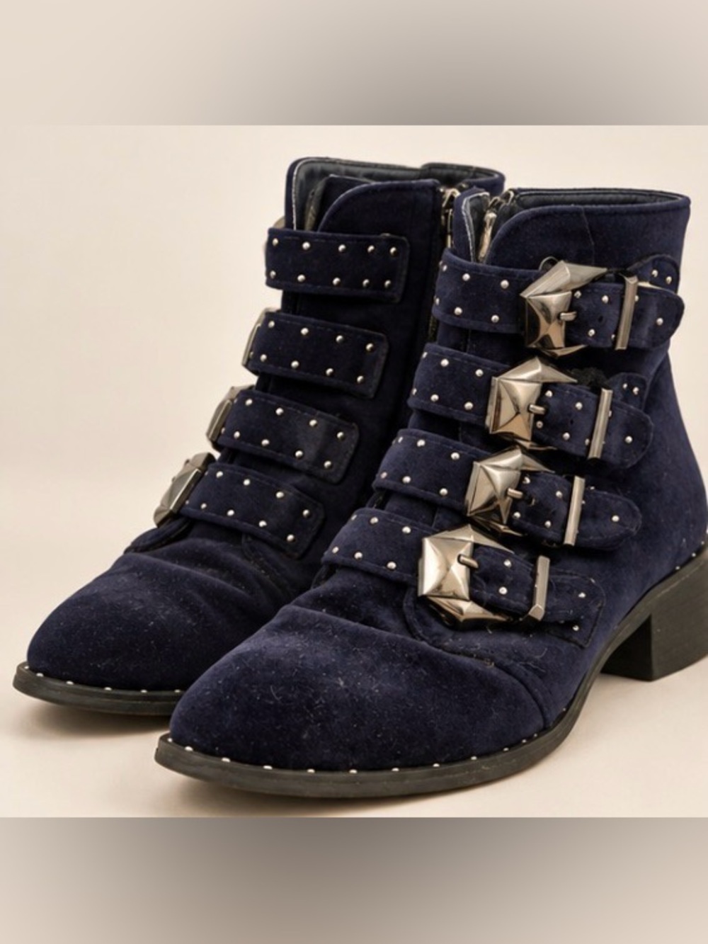 Revamped by Sirens Opal-01-NV Navy Velvet Studded Buckle Boots Size 7